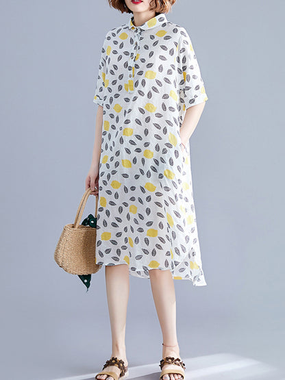 Artistic Retro Loose Contrast Color Printed Midi Shirt Dress