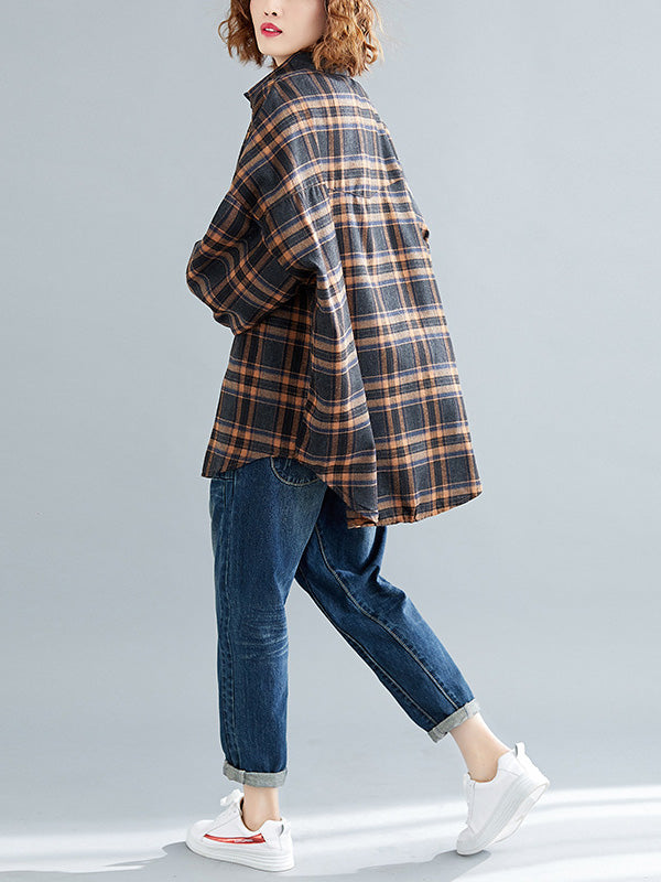 Artistic Retro Plaid Buttoned Lapel Collar Long Sleeves Blouse