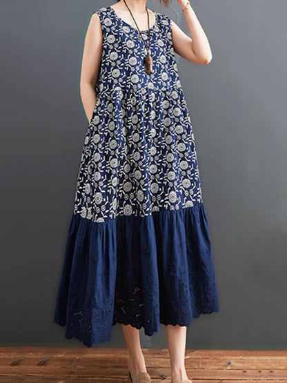 Loose Ramie Cotton National Printed Split-Joint Hollow Pleated Round-Neck Sleeveless Midi Dress