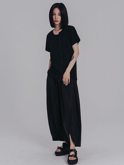 Casual Short Sleeves Irregular Black T-Shirt Top