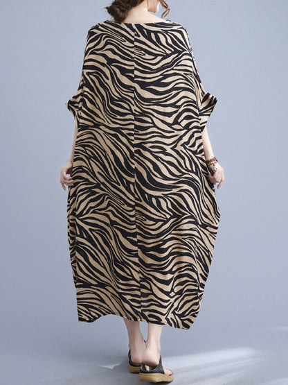 Original Zebra-Stripe Round-Neck Batwing Sleeve Midi Dress