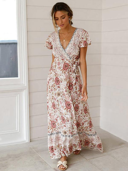 Bohemia V-neck Printed Beach Maxi Dresses