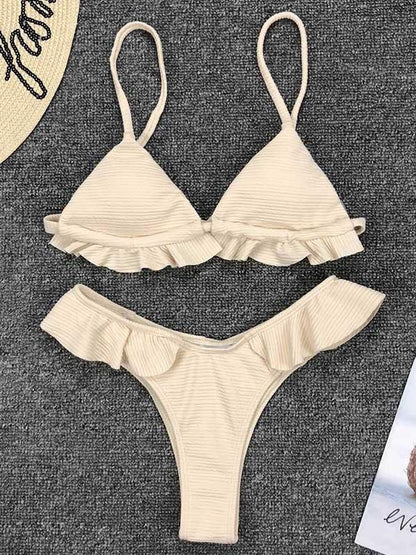 Solid Falbala With Panty Bikini Set
