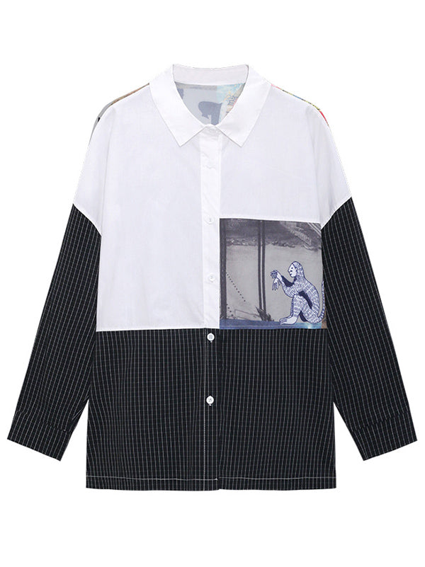 Stylish Cartoon Printed Plaid Split-Joint Lapel Collar Long Sleeves Blouse
