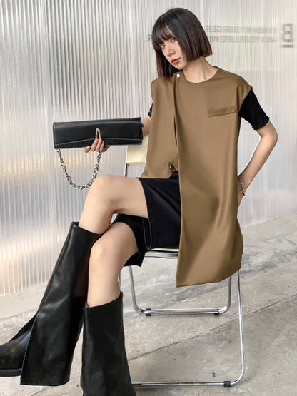 Urban Irregular Solid Color Buttoned Round-Neck Sleeveless Vest Outwear