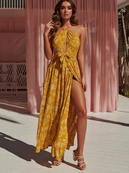 Printed Sexy Open-back Maxi Dress