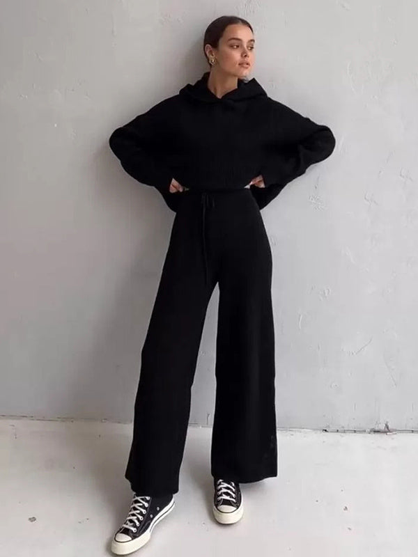 Simple Casual Solid Color Knitted Hoodies+Knitted Elasticity Wide Leg Pants 2 Pieces Set