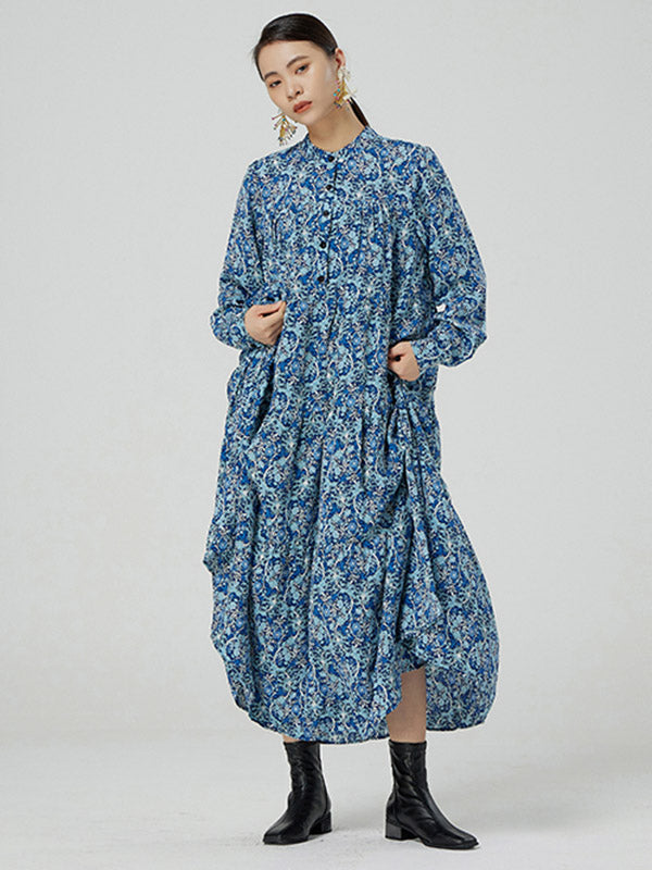 Original Buttoned Floral Printed Stand Collar Long Sleeves Loose Midi Dress