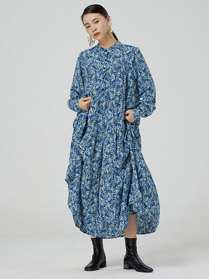 Original Buttoned Floral Printed Stand Collar Long Sleeves Loose Midi Dress