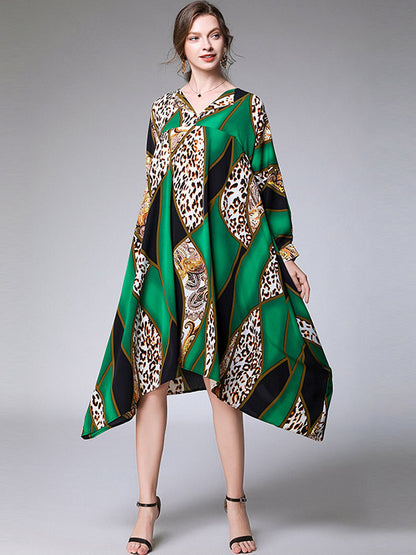 Casual Loose Split-Joint Contrast Color Leopard Floral Printed Lapel Collar Long Sleeves Midi Dress