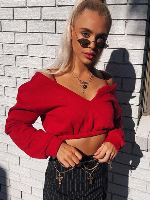 Sports V-Neck Hoodies&Sweatshirt Tops