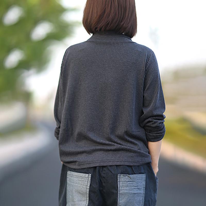 Buykud Long Sleeve Half Turtleneck Striped Blouse