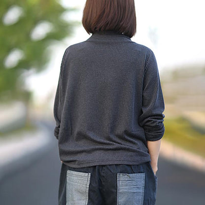 Buykud Long Sleeve Half Turtleneck Striped Blouse