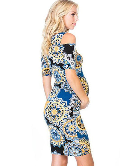Maternity Printed Cold Shoulder Round-neck Mini Dress