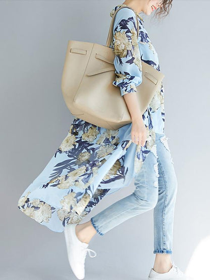 Loose Cropped Flower Printed Long Shirt