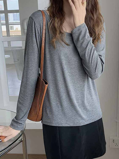 Casual Solid Color Long Sleeves Round-Neck T-Shirt Tops