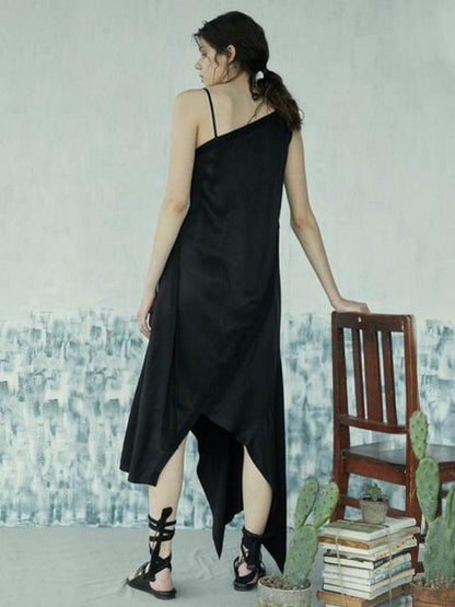 Simple Black Asymmetric Split-joint Long Dress
