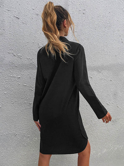 Casual Solid Color V-Neck Lapel Buttoned Half Sleeves Mini Dress