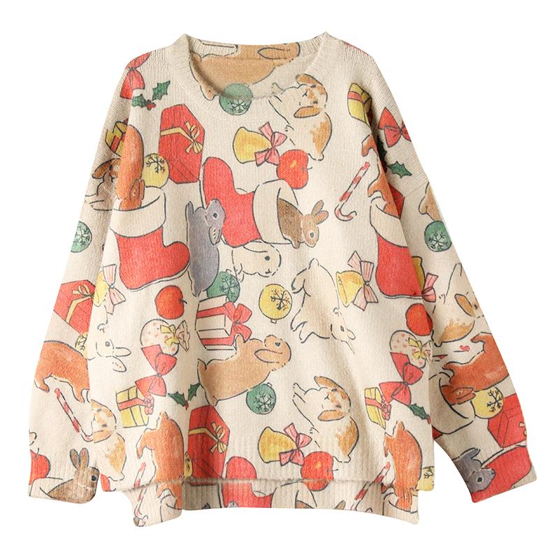 Buykud Loose O-neck Cartoon Printed Casual Sweater
