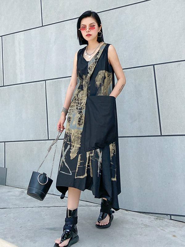 Original Prited V-Neck Sleeveless Dress