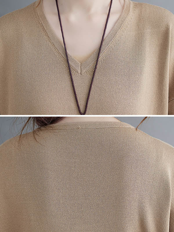 Urban Solid Color V-Neck Split-Side Knitting H-Line Sweater Dress