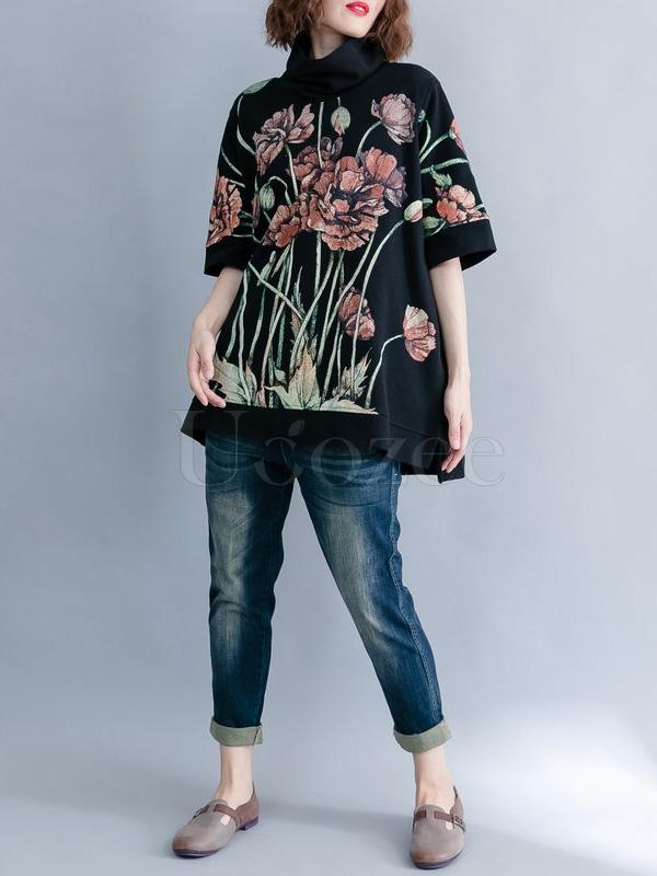 Casual Floral Printed High-neck Sweatshirt