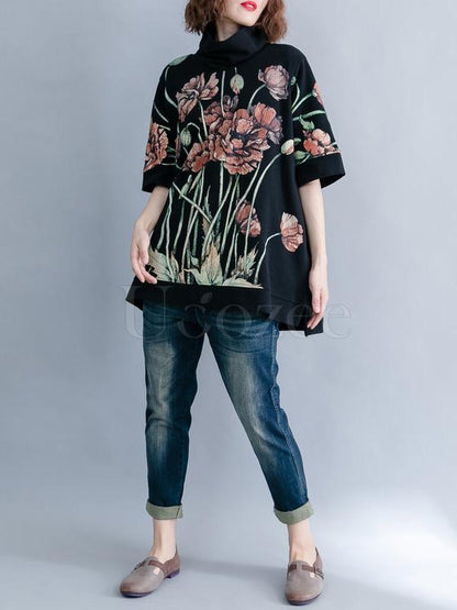 Casual Floral Printed High-neck Sweatshirt