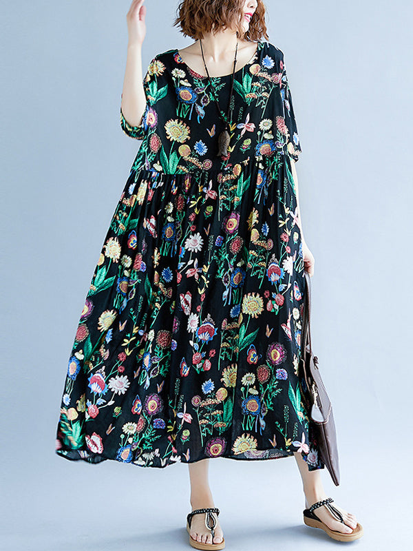 Vintage Loose Pleated Floral Printed Short Sleeves Midi Dress