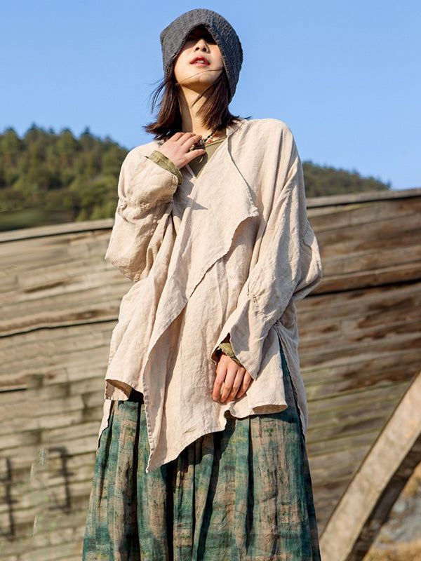 Artistic Retro Irregular Ramie Cotton Pleated V-Neck Long Sleeves T-Shirt