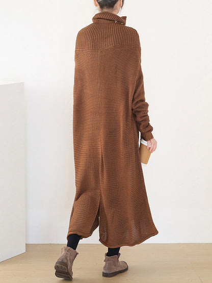 Casual Solid Color High-Neck Long Sleeves Knitted Sweater Midi Dress