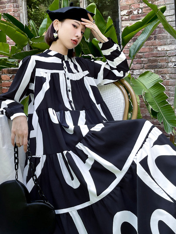 Loose Stand Collar Printed A-Line Midi Dress
