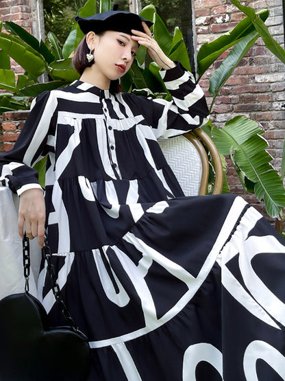 Loose Stand Collar Printed A-Line Midi Dress