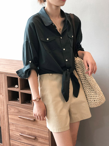 Urban Simple Solid Color Buttoned Split-Joint With Pocket Lapel Collar Long Sleeves Blouse