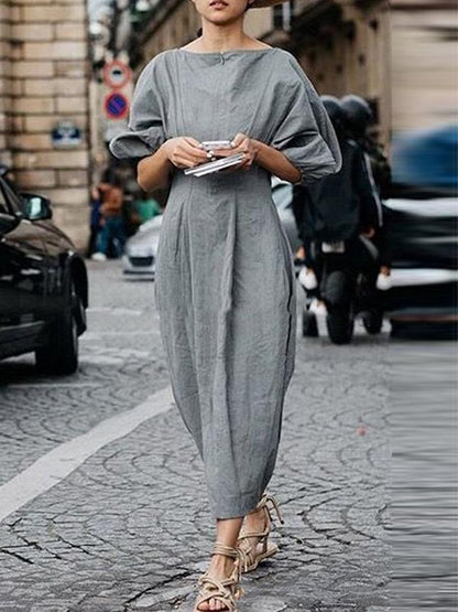 Ramie Cotton Lantern Sleeve Maxi Dress