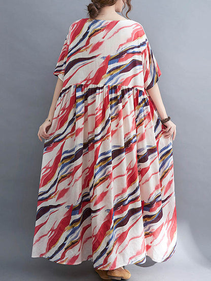 Vintage Loose Printed Split-Joint Pleated Half Sleeves Maxi Dress