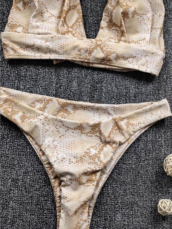 Snake-Print Deep V-Neck Split Bikini Swimsuit