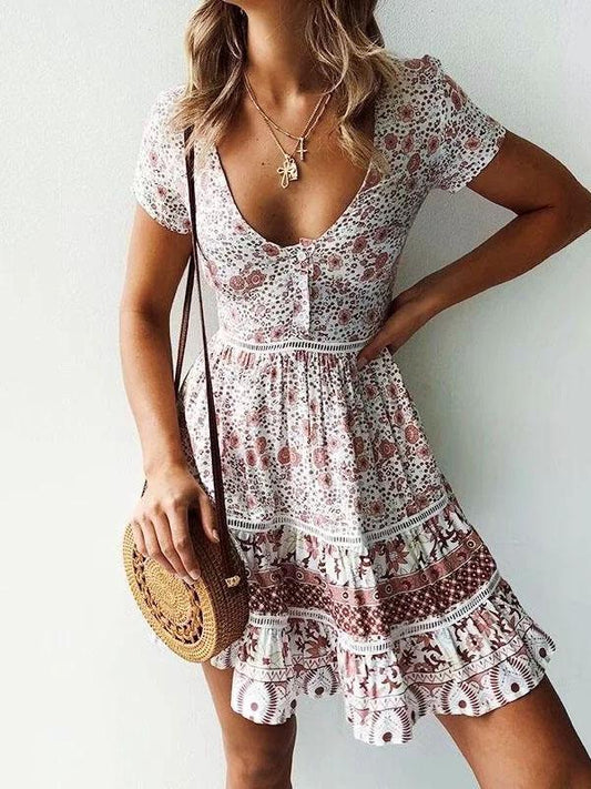 Vacation Round-neck Printed Mini Dress