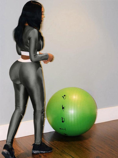 Line Printed Long Sleeves Tee and Fitness Legging Suits