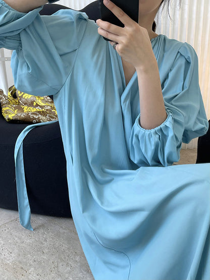 Fashion Split-Front Puff Sleeves V-Neck Midi Dress