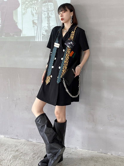Stylish Buttoned Tie Split-Joint With Pocket Applique Notched Collar Short Sleeves Mini Shirt Dress