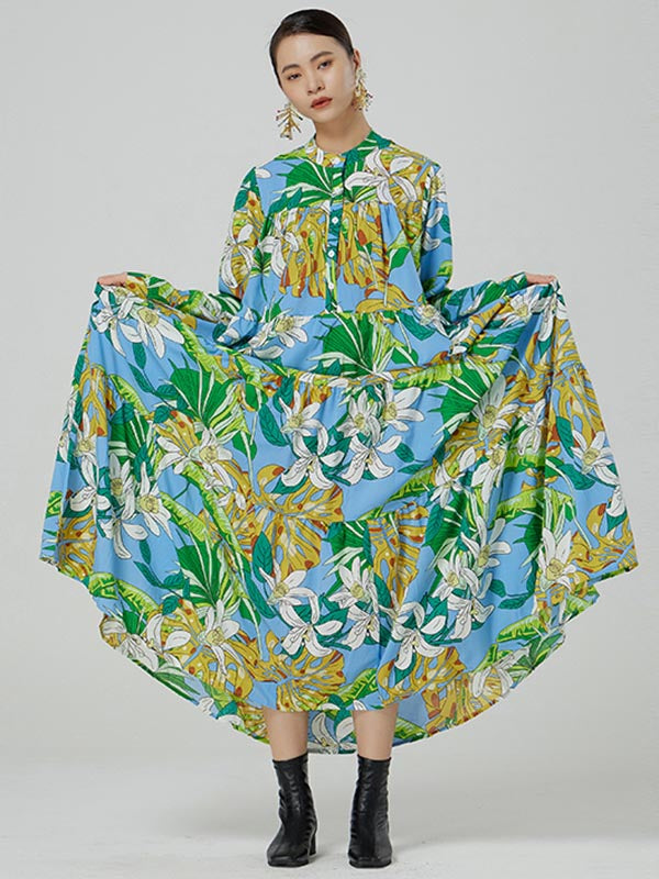 Vintage Floral Printed A-Line Long Sleeves Midi Dresses