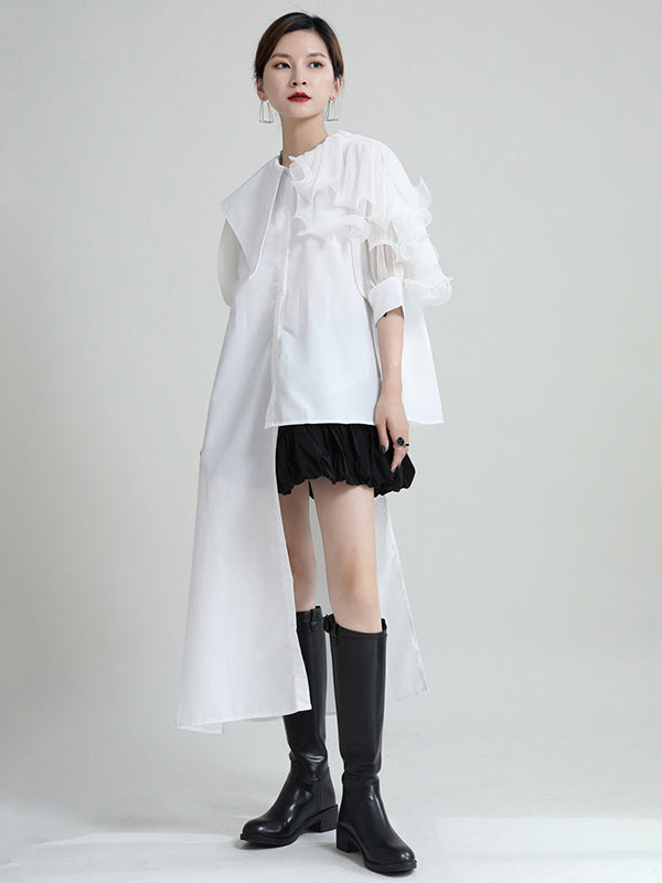 Stylish Irregular 4 Colors Split-Joint Pleated Mesh Falbala Buttoned Lapel Collar Bishop Sleeves Blouse
