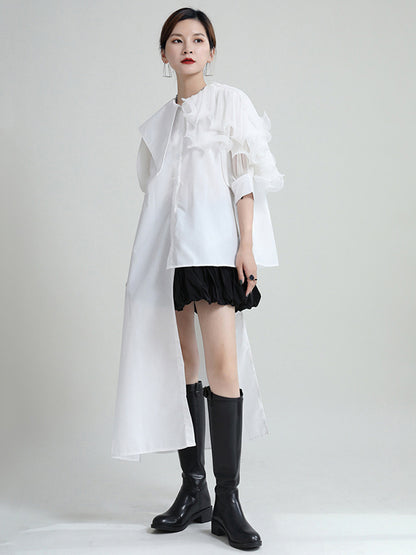 Stylish Irregular 4 Colors Split-Joint Pleated Mesh Falbala Buttoned Lapel Collar Bishop Sleeves Blouse