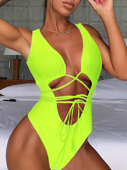 Solid Hollow Straps One-Piece Swimsuit