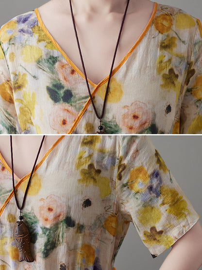 Original Artistic Retro Loose Tied Floral Printed Pleated V-Neck Short Sleeves Midi Dress