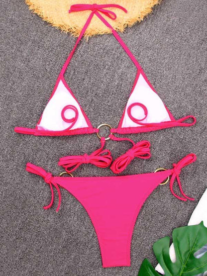 Triangles Bandage Metal Ring Split Bikini Swimsuit