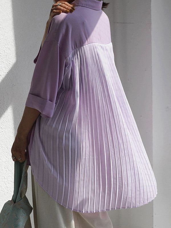 Stylish Solid Color High-Low Pleated Split-Joint Half Sleeves Blouse