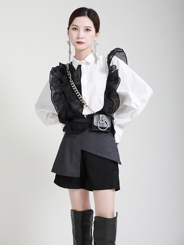 Stylish Irregular Contrast Color Split-Joint Falbala Mesh Drawstring Buttoned Lapel Collar Long Sleeves Blouse
