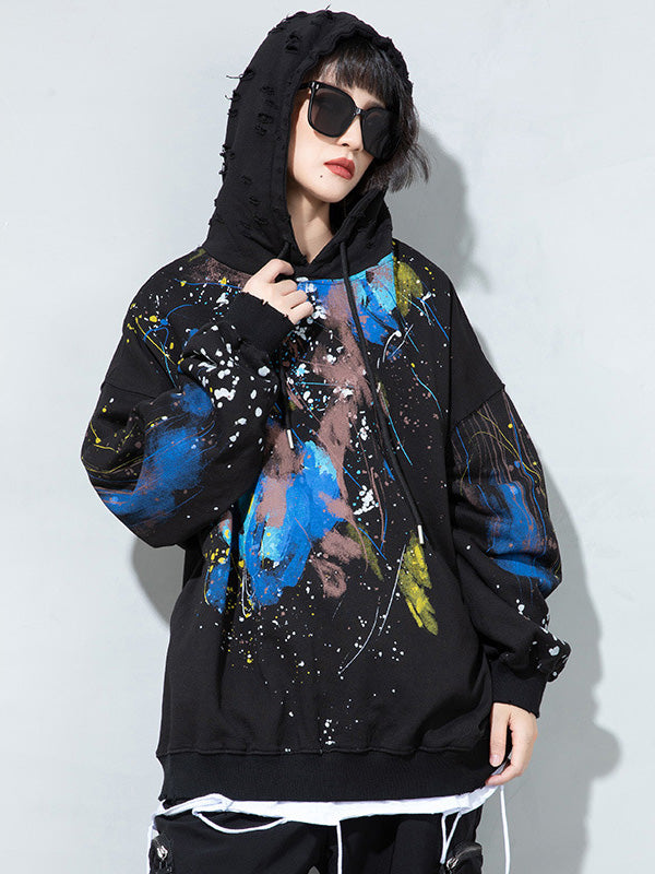 Fashion Printed Split-Joint Drawstring Hoodies Top