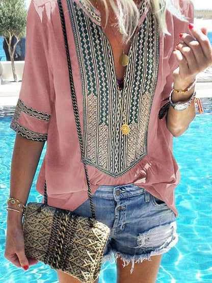 Short Sleeves V-neck Floral Blouses&shirts Tops